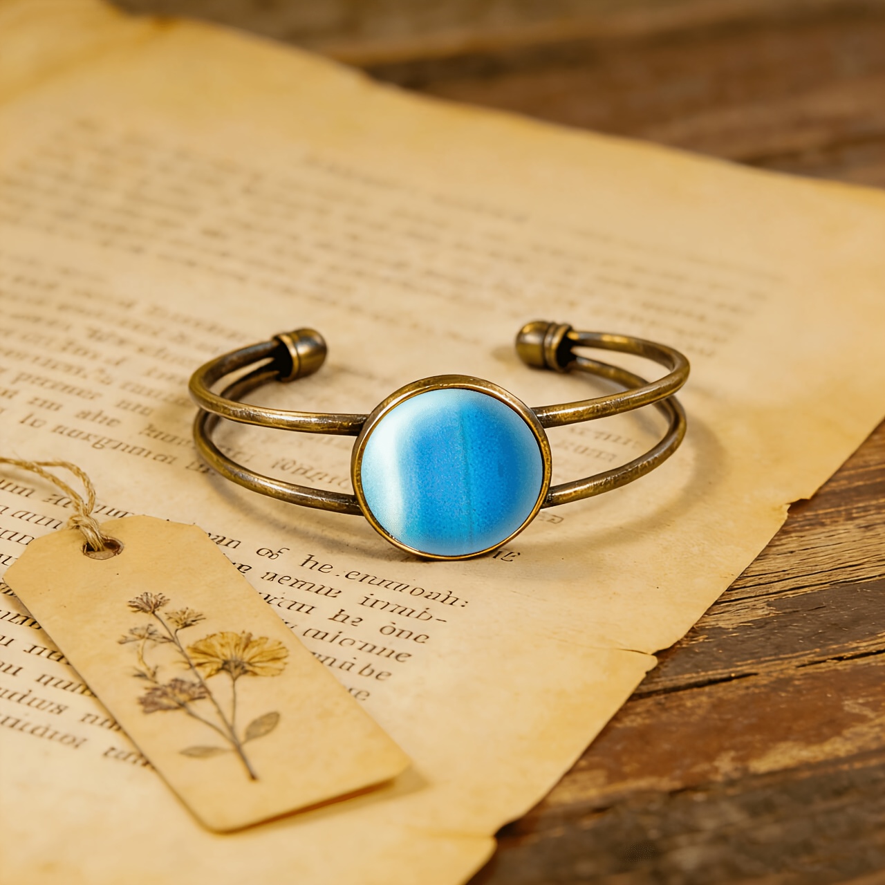 Antique Cyan Double-Layer Adjustable Open-End Bangle, Gradient Blue